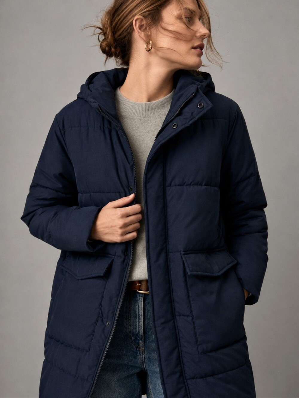 Everlane ReNew Navy Long Puffer Coat Hooded Recycled Insulated Womens Size XS
